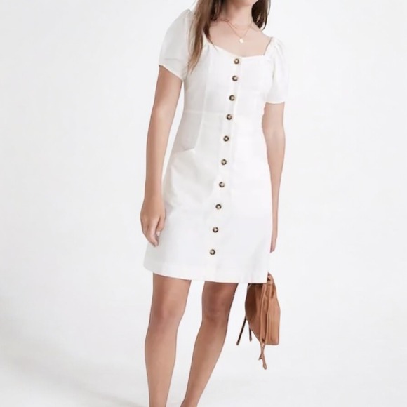 Madewell Linen Cotton Puff-Sleeve Mini Dress White Button Up Shirred NWT Size 16 - Picture 1 of 15